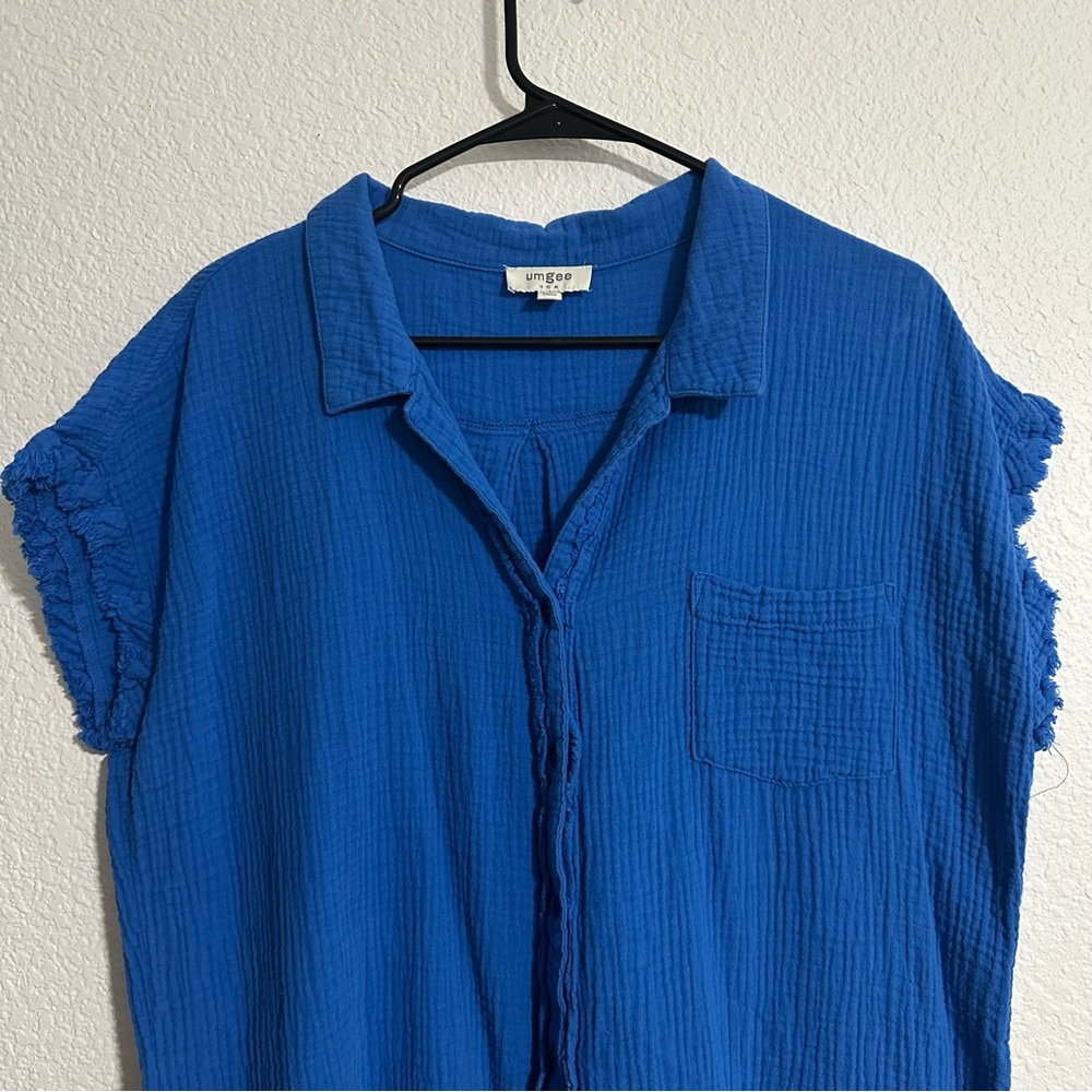 Blue Crinkle Shirt Dress Button down raw fringe hem 100% cotton Beach Vacay Pool - Picture 3 of 6